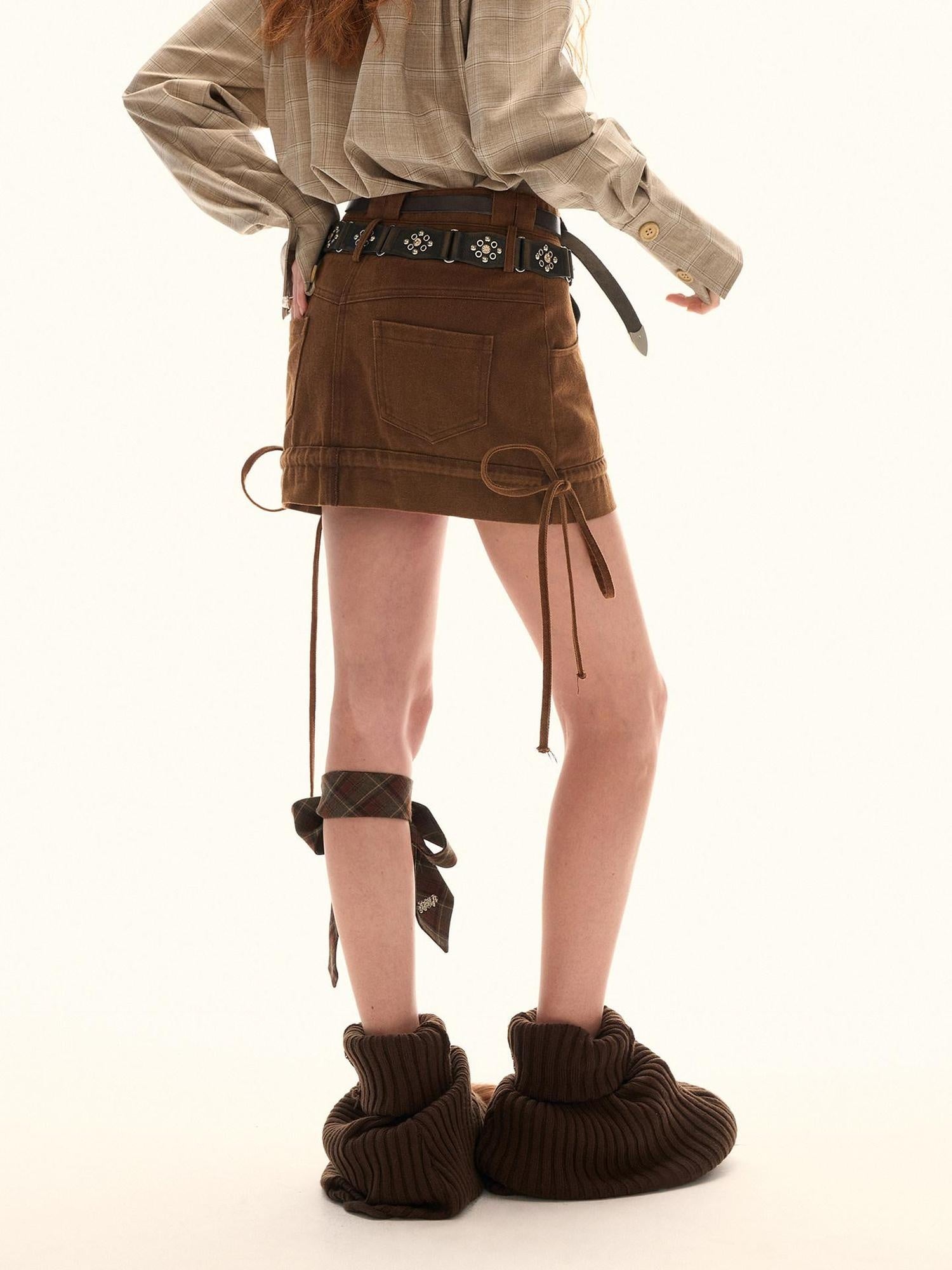 MAMC Vintage Double Waistband Slim Mid Waist Cotton Denim Casual Women Mini Skirts