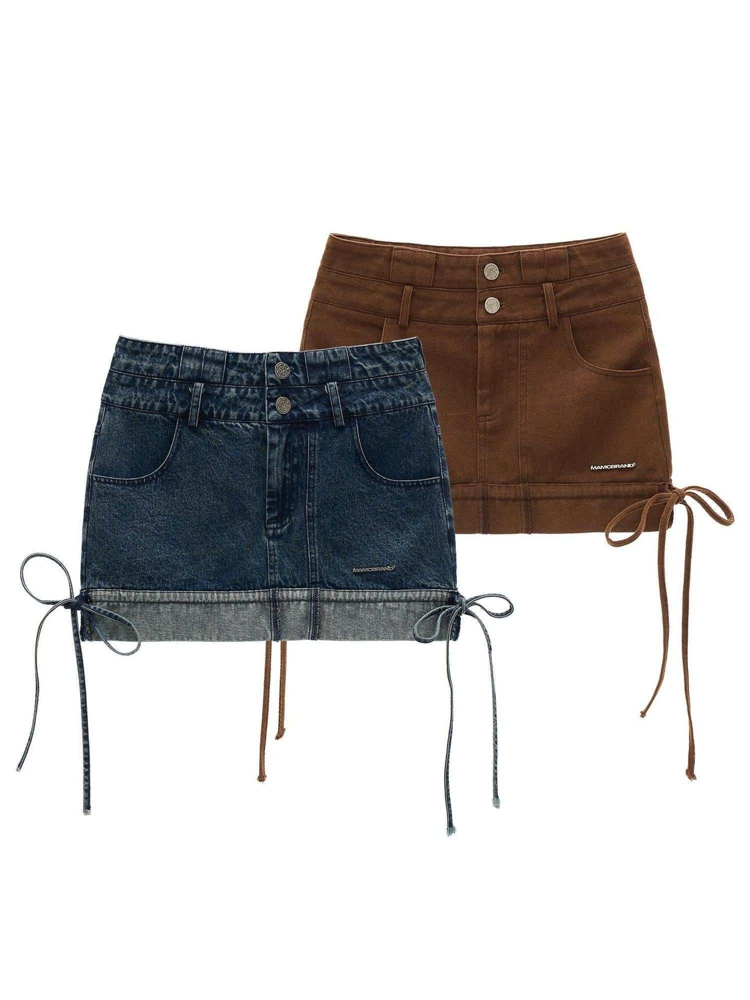 MAMC Vintage Double Waistband Slim Mid Waist Cotton Denim Casual Women Mini Skirts