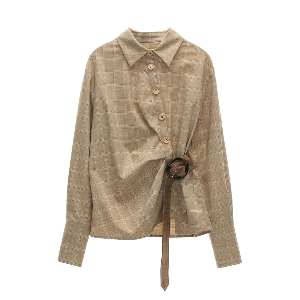 MAMC_Vintage_Houndstooth_Tie_Detail_Loose_Collared_Buttoned_Khaki_Women_Shirts_MISSTT
