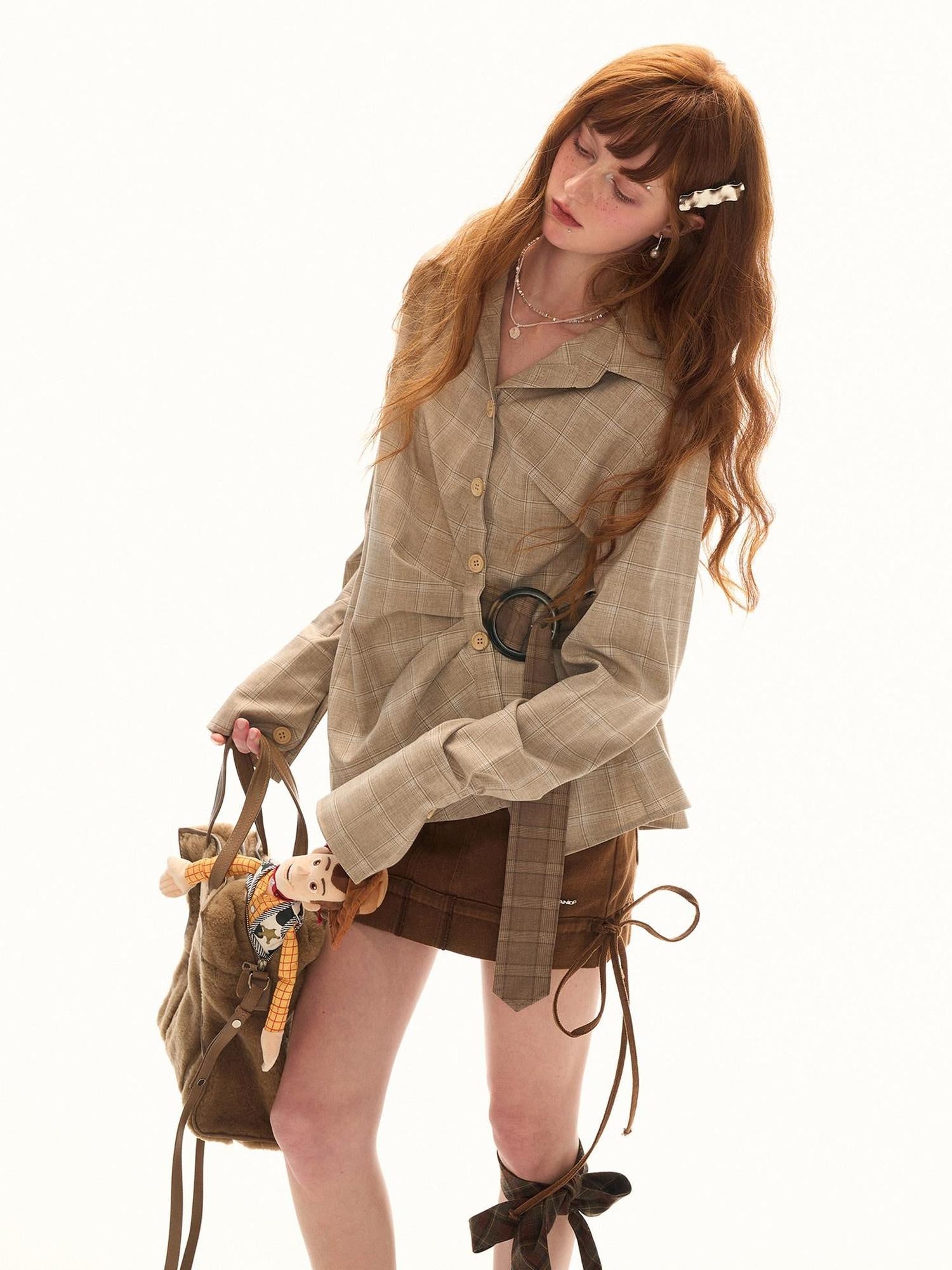 MAMC Vintage Houndstooth Tie Detail Loose Collared Buttoned Khaki Women Shirts