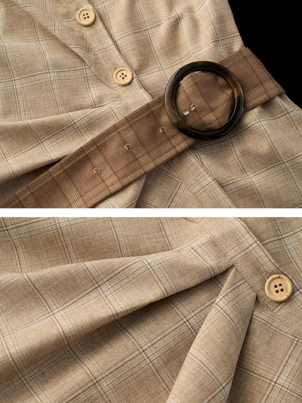 MAMC Vintage Houndstooth Tie Detail Loose Collared Buttoned Khaki Women Shirts