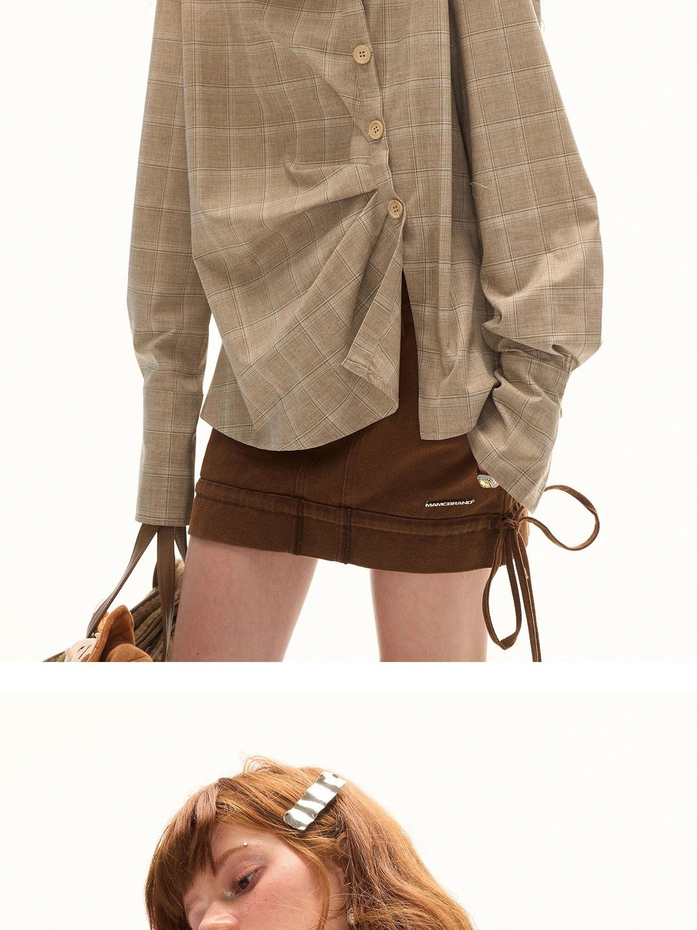 MAMC Vintage Houndstooth Tie Detail Loose Collared Buttoned Khaki Women Shirts