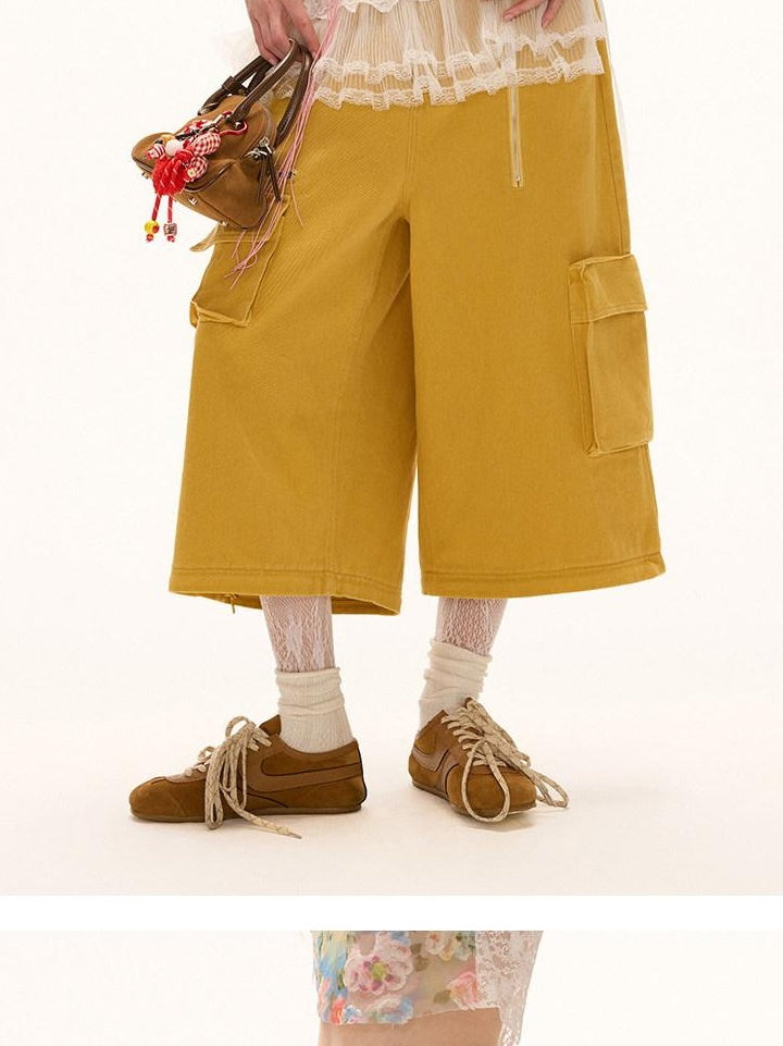 MAMC Washed Cotton Cargo Loose Pockets Natural Waist Women Yellow Straight Pants