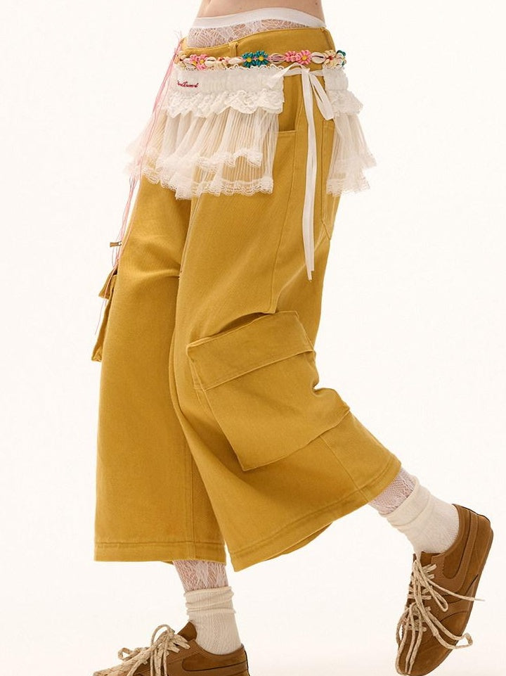 MAMC Washed Cotton Cargo Loose Pockets Natural Waist Women Yellow Straight Pants