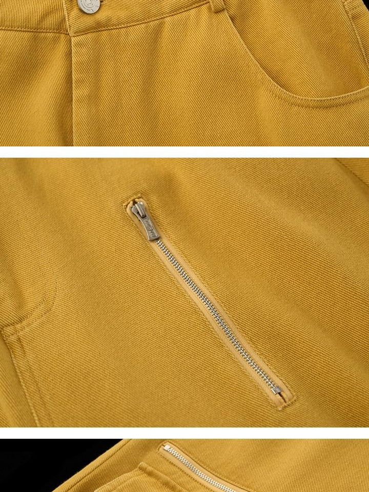 MAMC Washed Cotton Cargo Loose Pockets Natural Waist Women Yellow Straight Pants