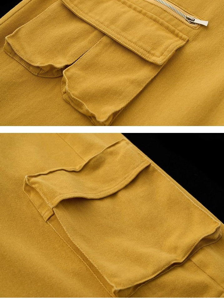 MAMC Washed Cotton Cargo Loose Pockets Natural Waist Women Yellow Straight Pants