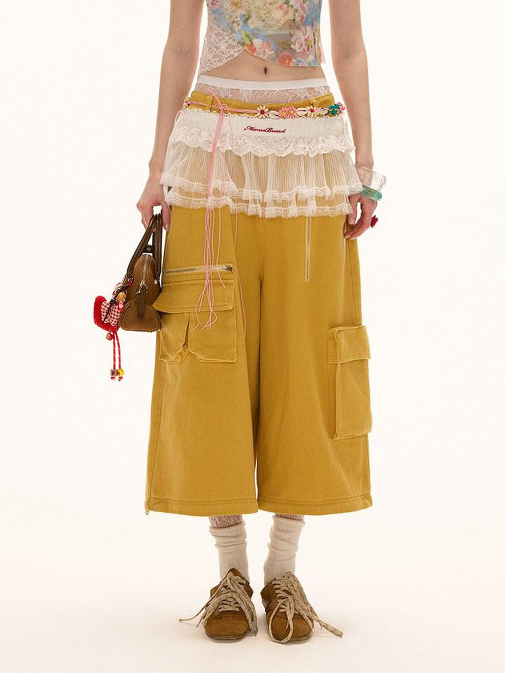 MAMC Washed Cotton Cargo Loose Pockets Natural Waist Women Yellow Straight Pants