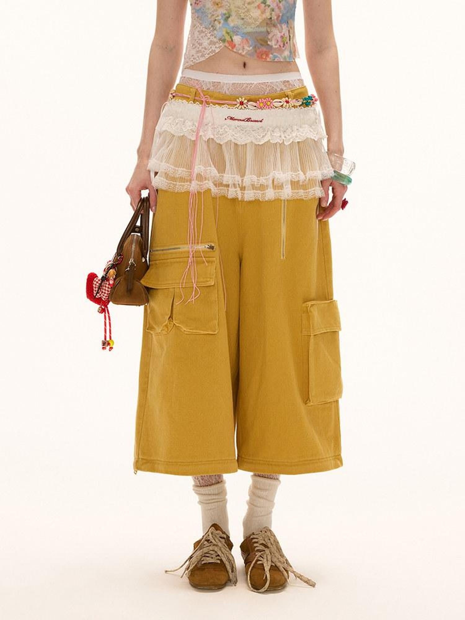 MAMC Washed Cotton Cargo Loose Pockets Natural Waist Women Yellow Straight Pants