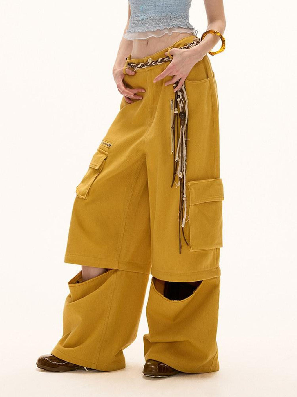 MAMC Washed Cotton Cargo Loose Pockets Natural Waist Women Yellow Straight Pants