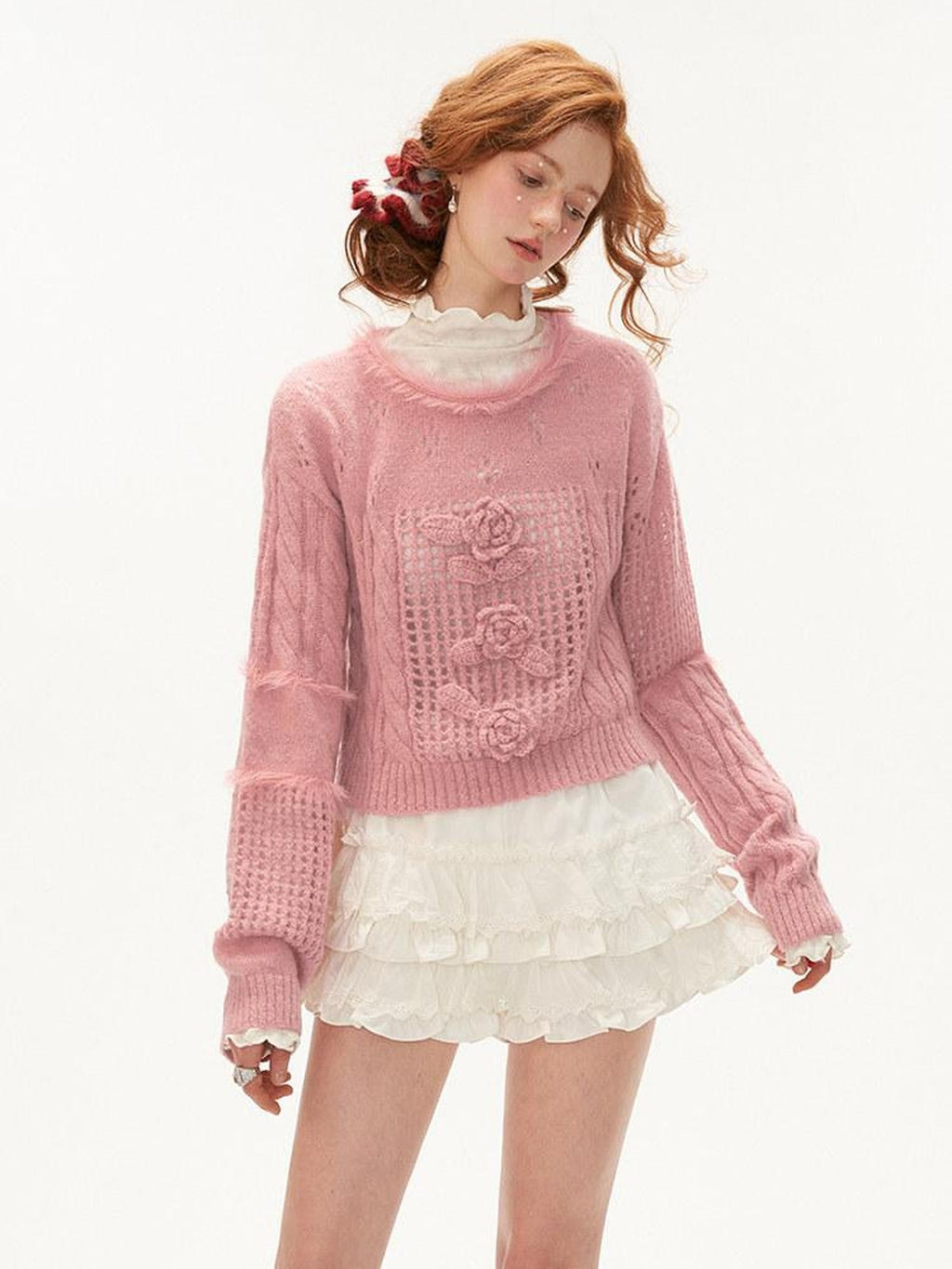 MAMC Wool Blend Princess Loose Fit Crew Neck Long Sleeve Women Pink White Knitwear