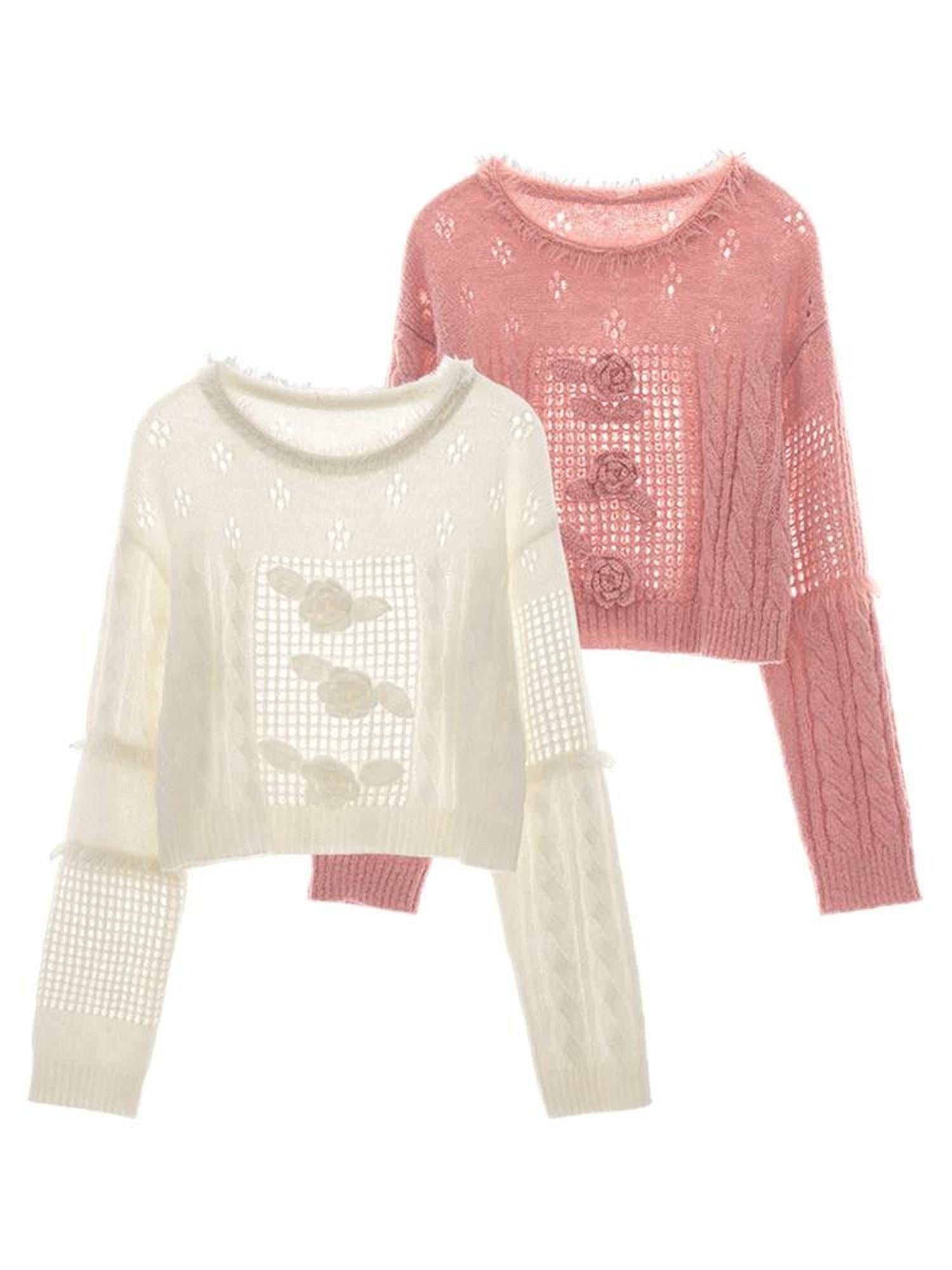MAMC Wool Blend Princess Loose Fit Crew Neck Long Sleeve Women Pink White Knitwear