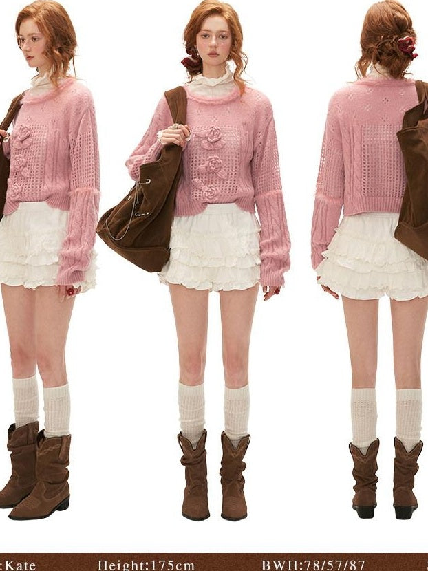 MAMC Wool Blend Princess Loose Fit Crew Neck Long Sleeve Women Pink White Knitwear