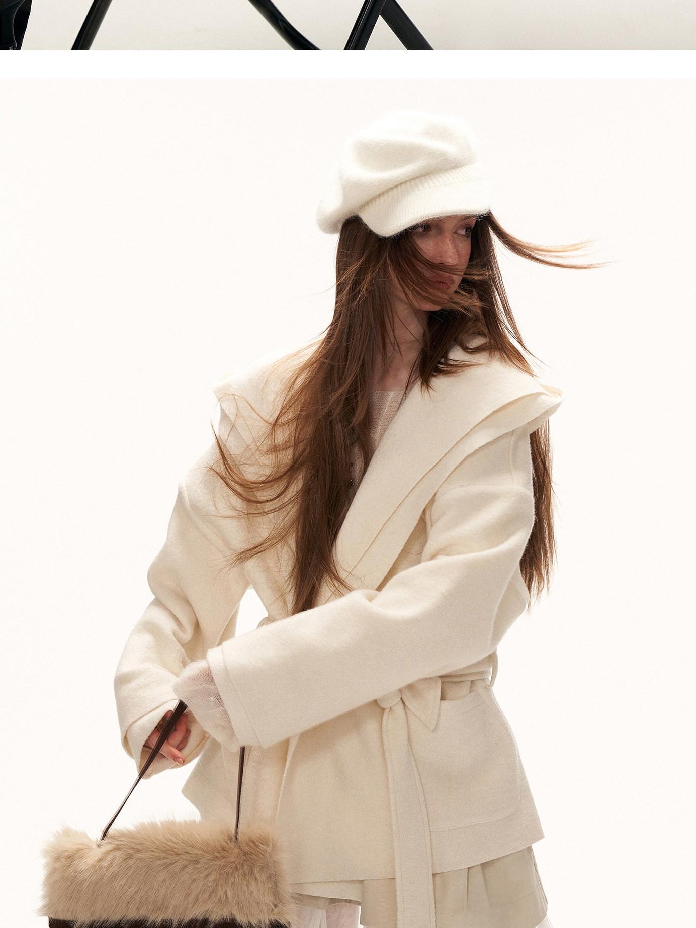 MAMC Wool Blend Tie Front Mature Relaxed Fit Business White Notched Lapel Short Coat