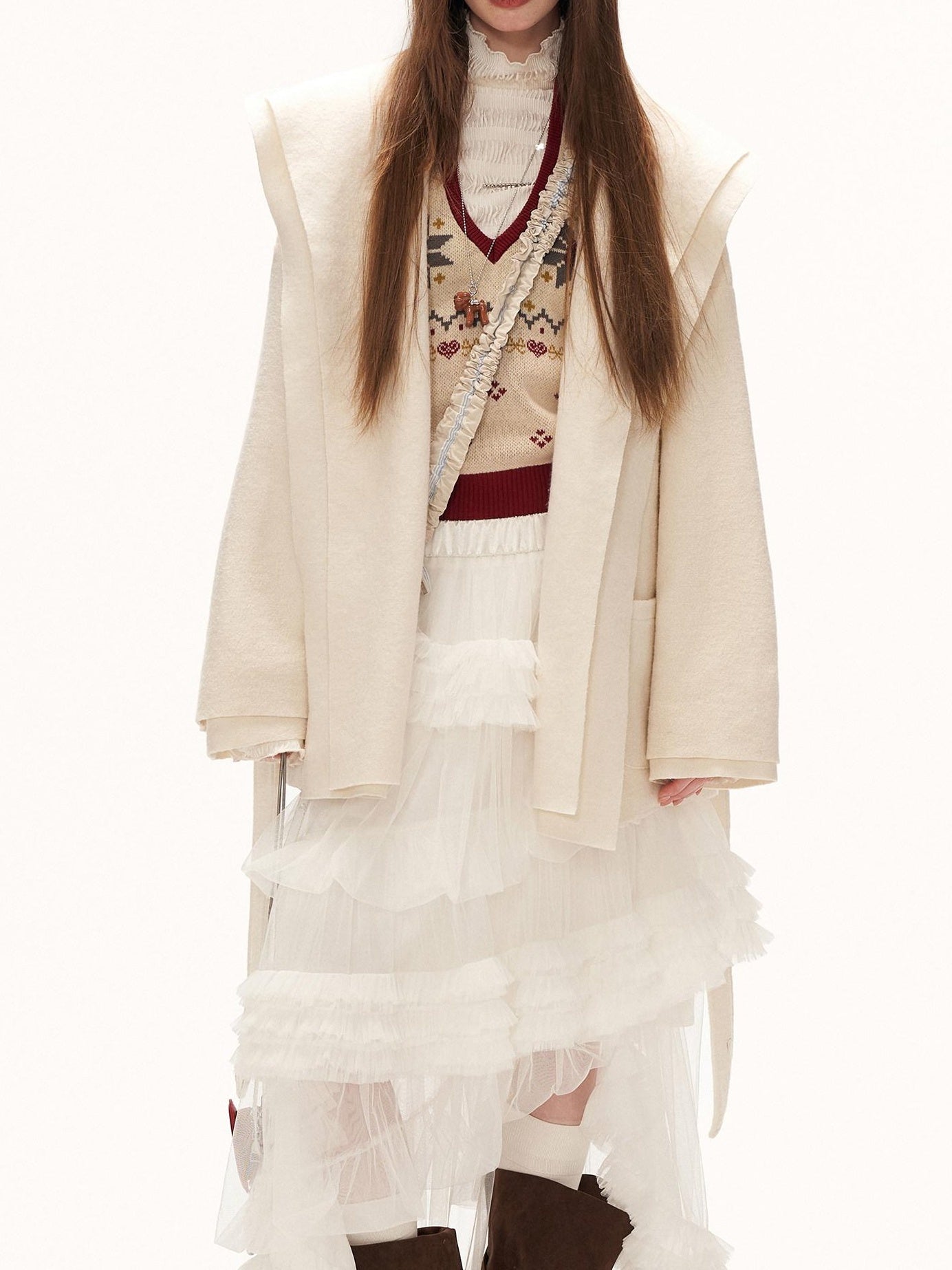 MAMC Wool Blend Tie Front Mature Relaxed Fit Business White Notched Lapel Short Coat