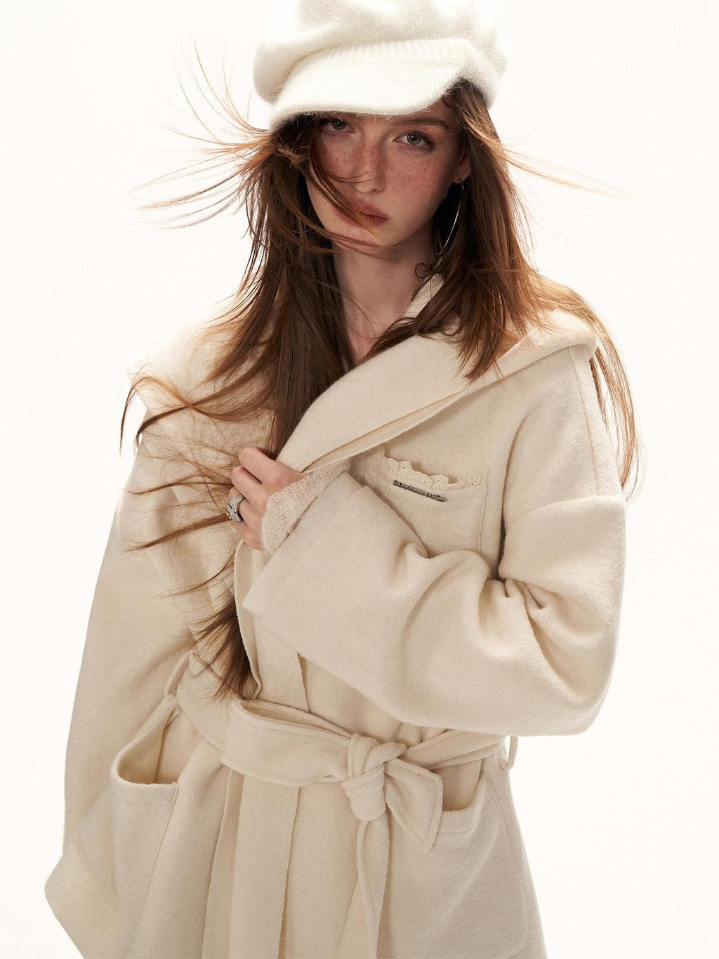 MAMC Wool Blend Tie Front Mature Relaxed Fit Business White Notched Lapel Short Coat