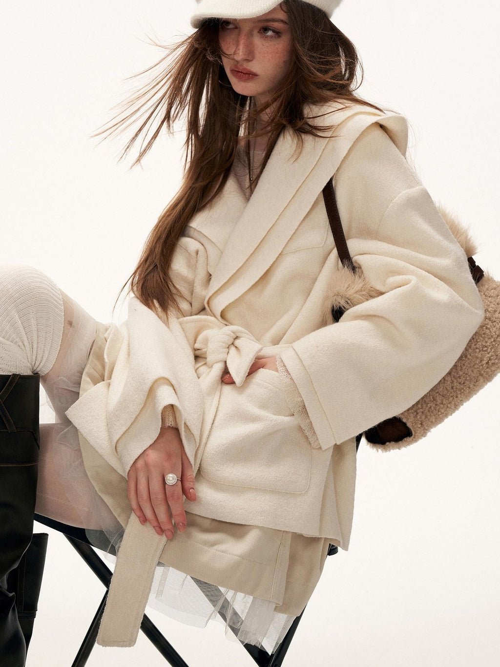 MAMC Wool Blend Tie Front Mature Relaxed Fit Business White Notched Lapel Short Coat