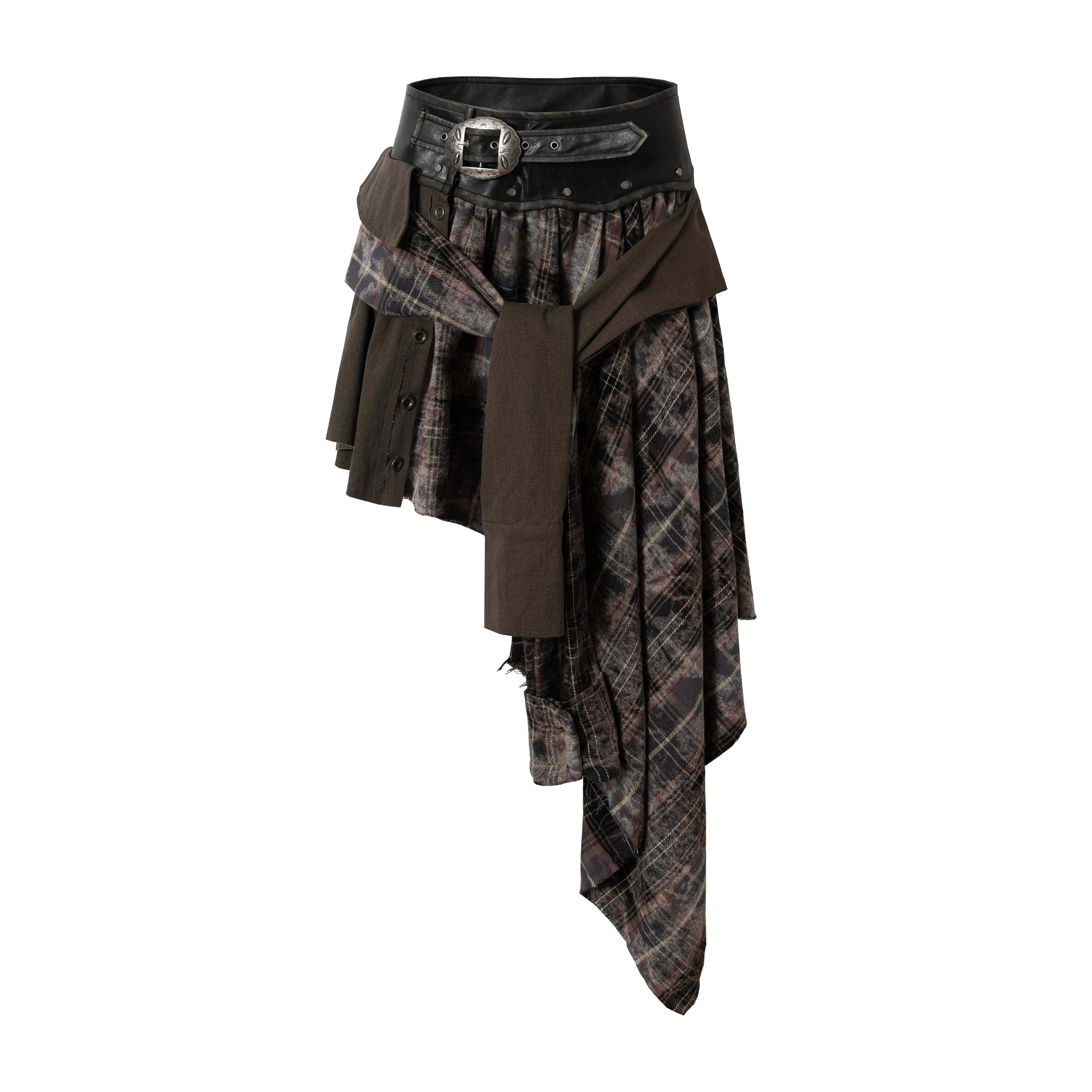 NO_ROMANCE_Asymmetrical_Patchwork_Plaid_Punk_Rock_One_Piece_Women'S_Midi_Skirts_MISSTT