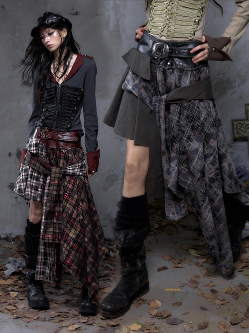 NO ROMANCE Asymmetrical Patchwork Plaid Punk Rock One Piece Women'S Midi Skirts