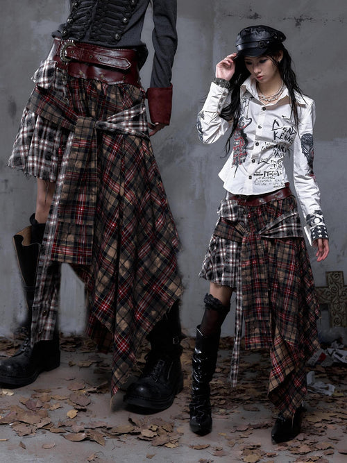 NO ROMANCE Asymmetrical Patchwork Plaid Punk Rock One Piece Women'S Midi Skirts