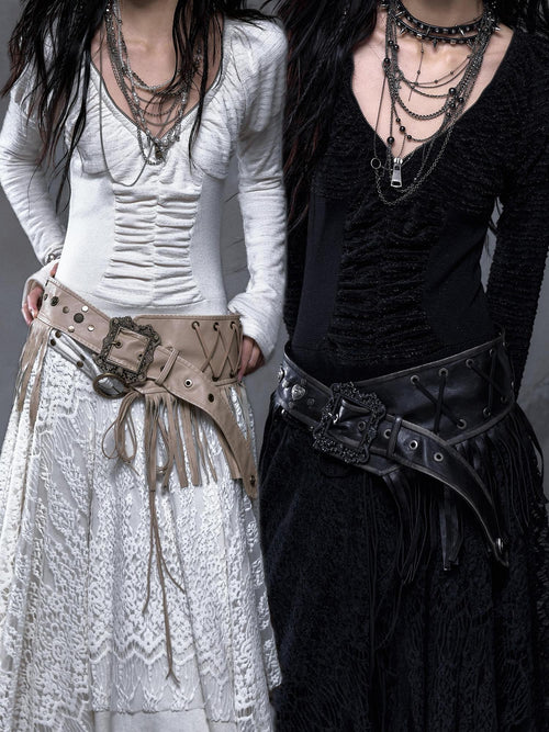 NO ROMANCE Asymmetrical Vintage Punk Hippie Distressed Tassel Women'S Wide Leather Belts