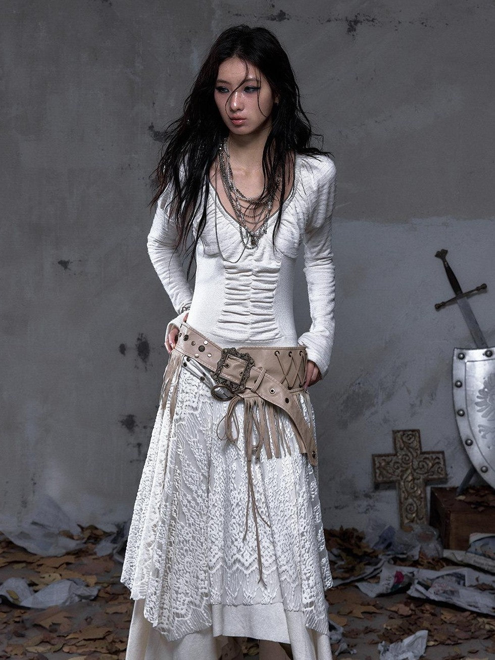 NO ROMANCE Asymmetrical Vintage Punk Hippie Distressed Tassel Women'S Wide Leather Belts
