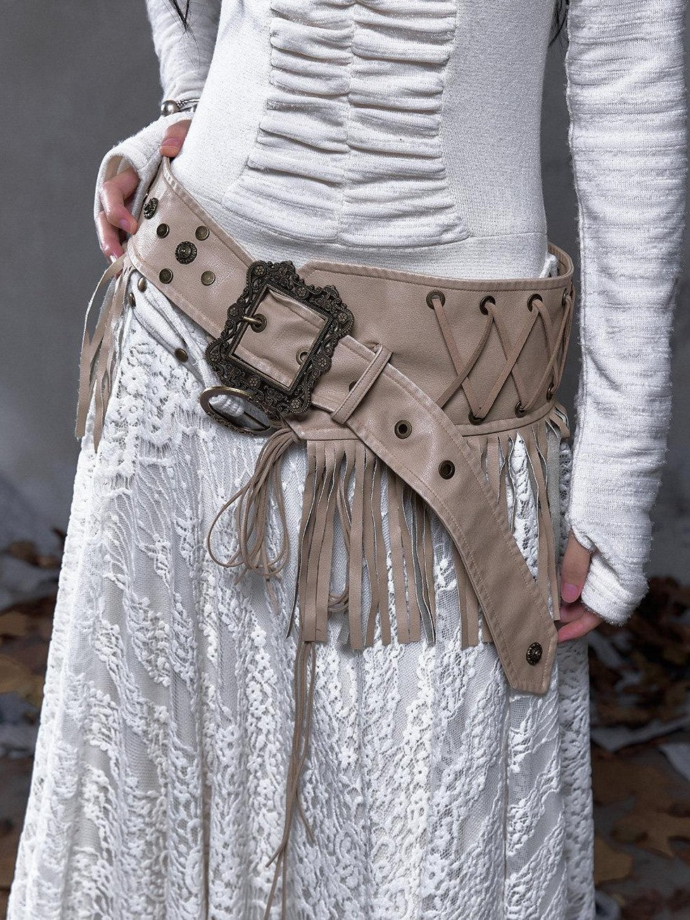 NO ROMANCE Asymmetrical Vintage Punk Hippie Distressed Tassel Women'S Wide Leather Belts