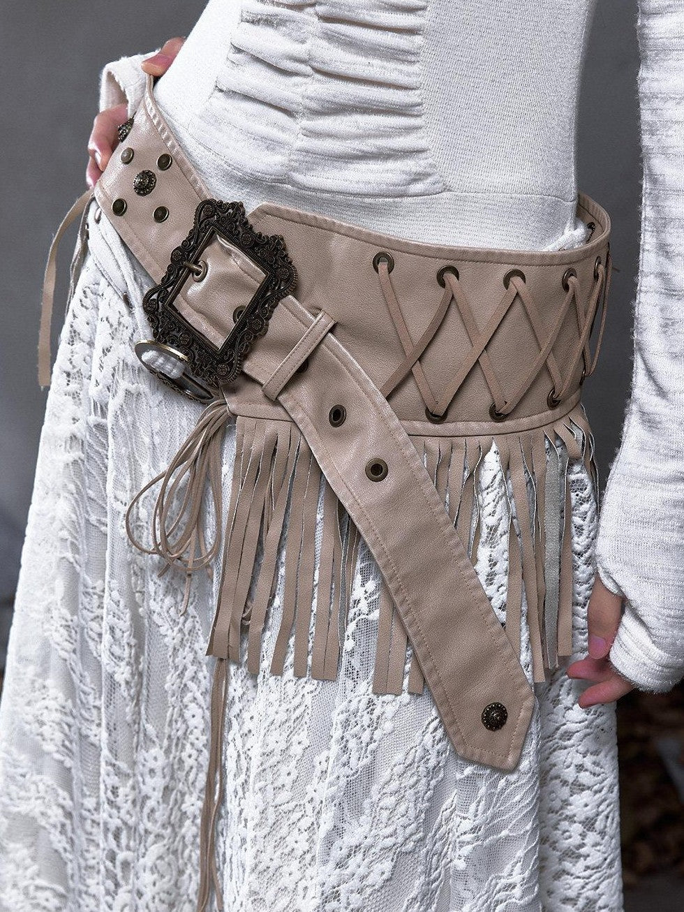NO ROMANCE Asymmetrical Vintage Punk Hippie Distressed Tassel Women'S Wide Leather Belts