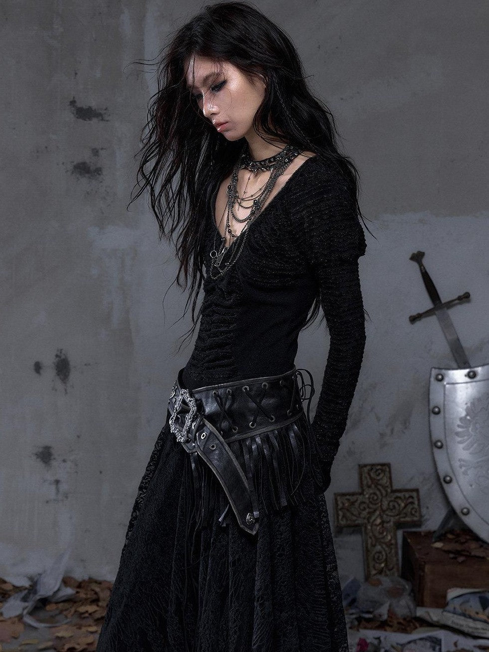 NO ROMANCE Asymmetrical Vintage Punk Hippie Distressed Tassel Women'S Wide Leather Belts