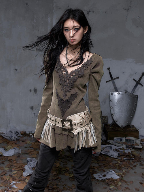NO ROMANCE Asymmetrical Vintage Punk Hippie Distressed Tassel Women'S Wide Leather Belts