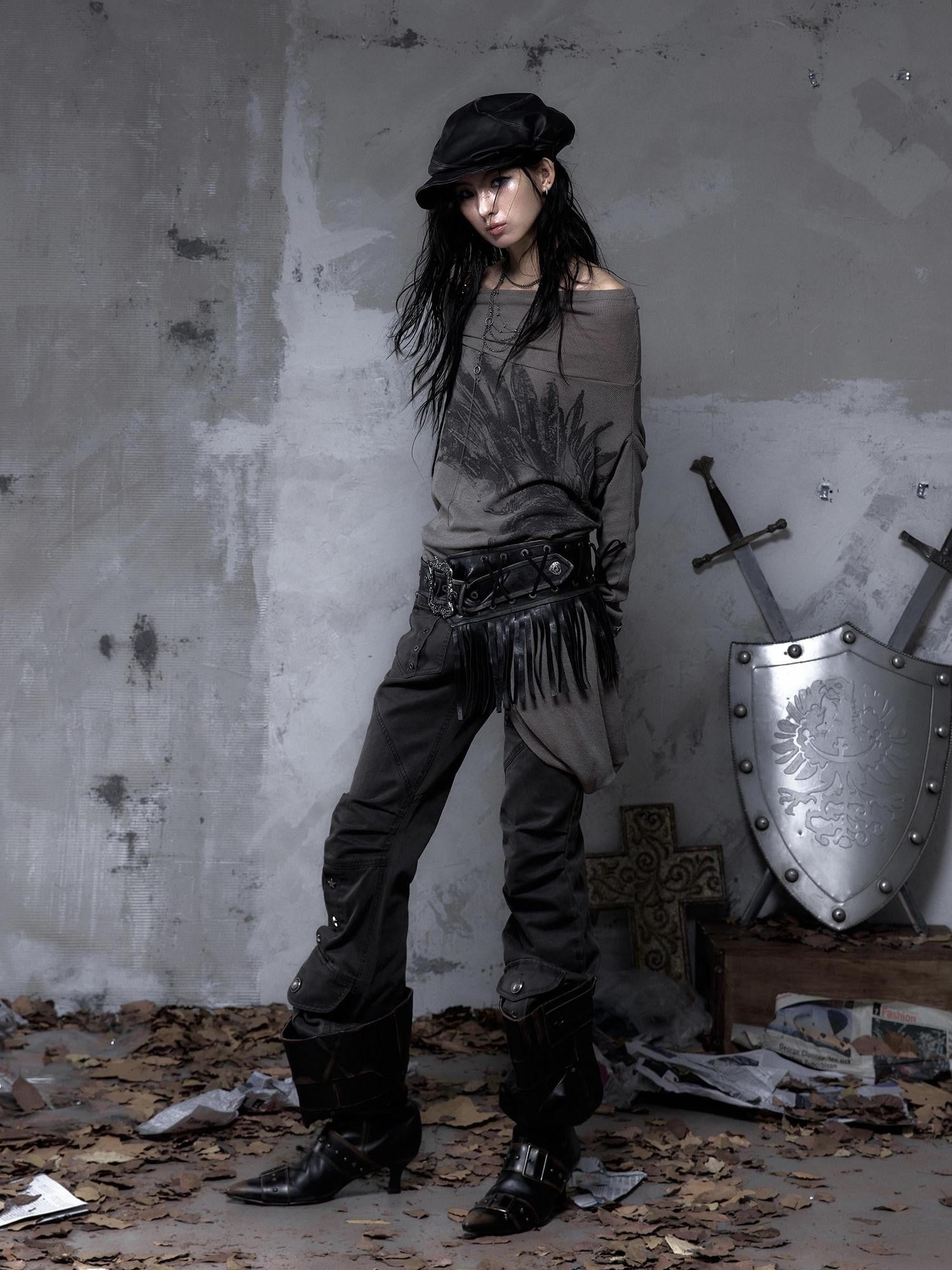 NO ROMANCE Asymmetrical Vintage Punk Hippie Distressed Tassel Women'S Wide Leather Belts