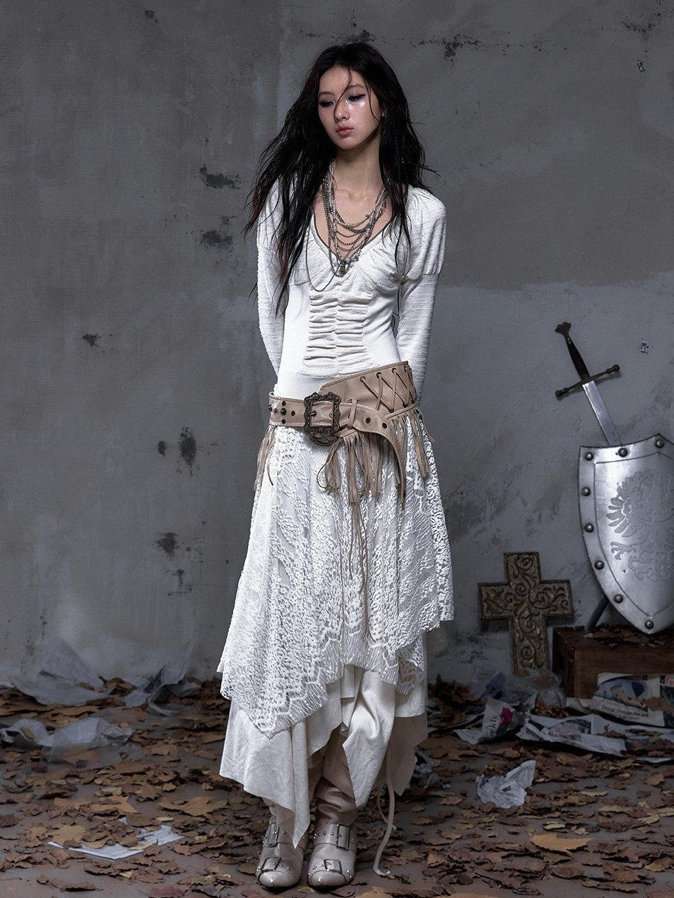 NO ROMANCE Asymmetrical Vintage Punk Hippie Distressed Tassel Women'S Wide Leather Belts