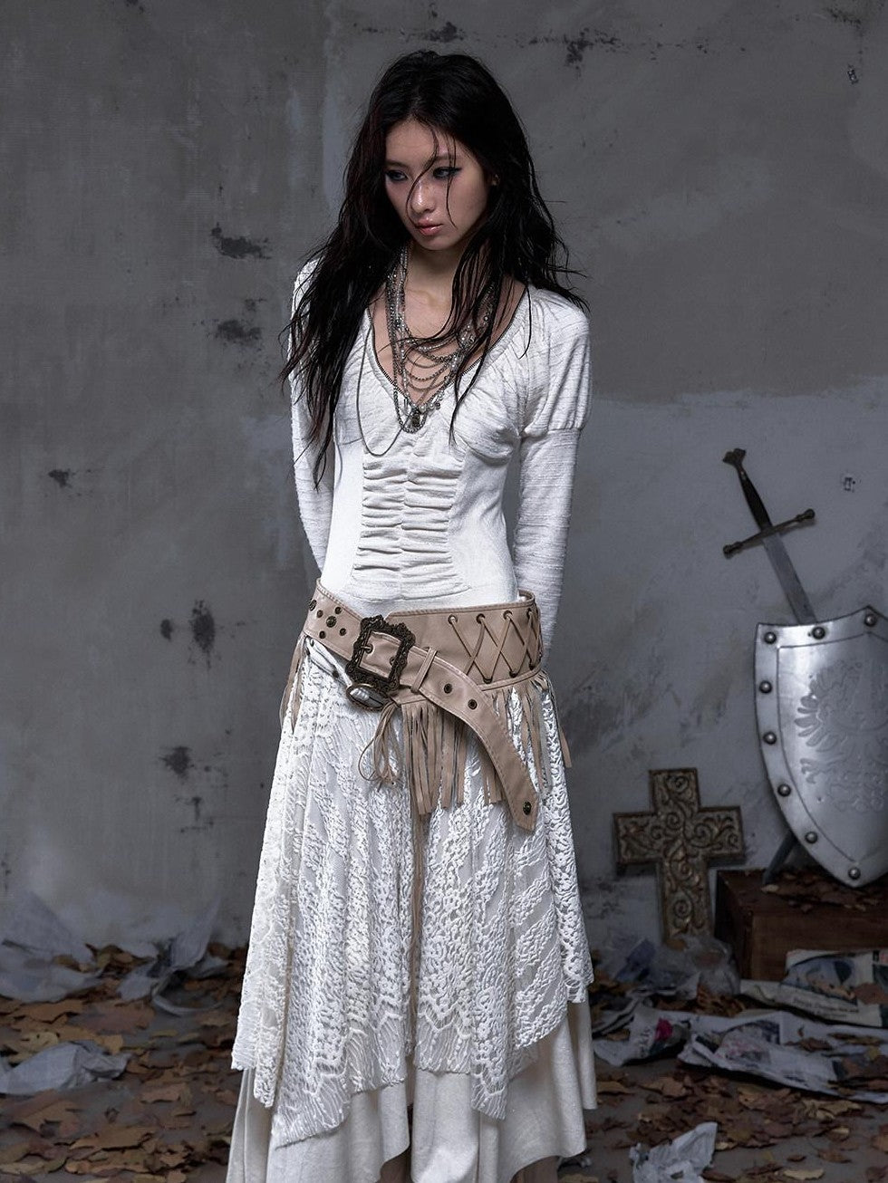 NO ROMANCE Asymmetrical Vintage Punk Hippie Distressed Tassel Women'S Wide Leather Belts