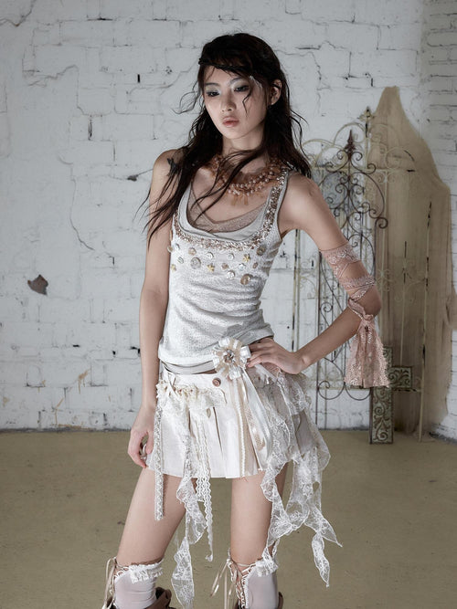NO ROMANCE Ballet Punk Shell Button Faux Three Piece Slim Women'S Lace Knit Tank Tops