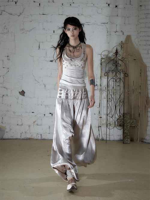 NO ROMANCE Ballet Punk Shell Button Faux Three Piece Slim Women'S Lace Knit Tank Tops