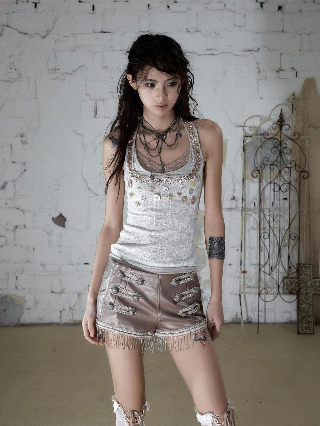 NO ROMANCE Ballet Punk Shell Button Faux Three Piece Slim Women'S Lace Knit Tank Tops
