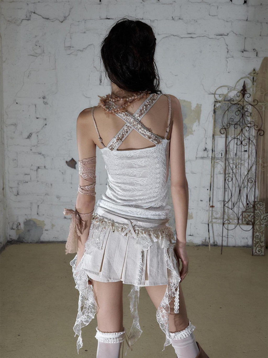 NO ROMANCE Ballet Punk Shell Button Faux Three Piece Slim Women'S Lace Knit Tank Tops