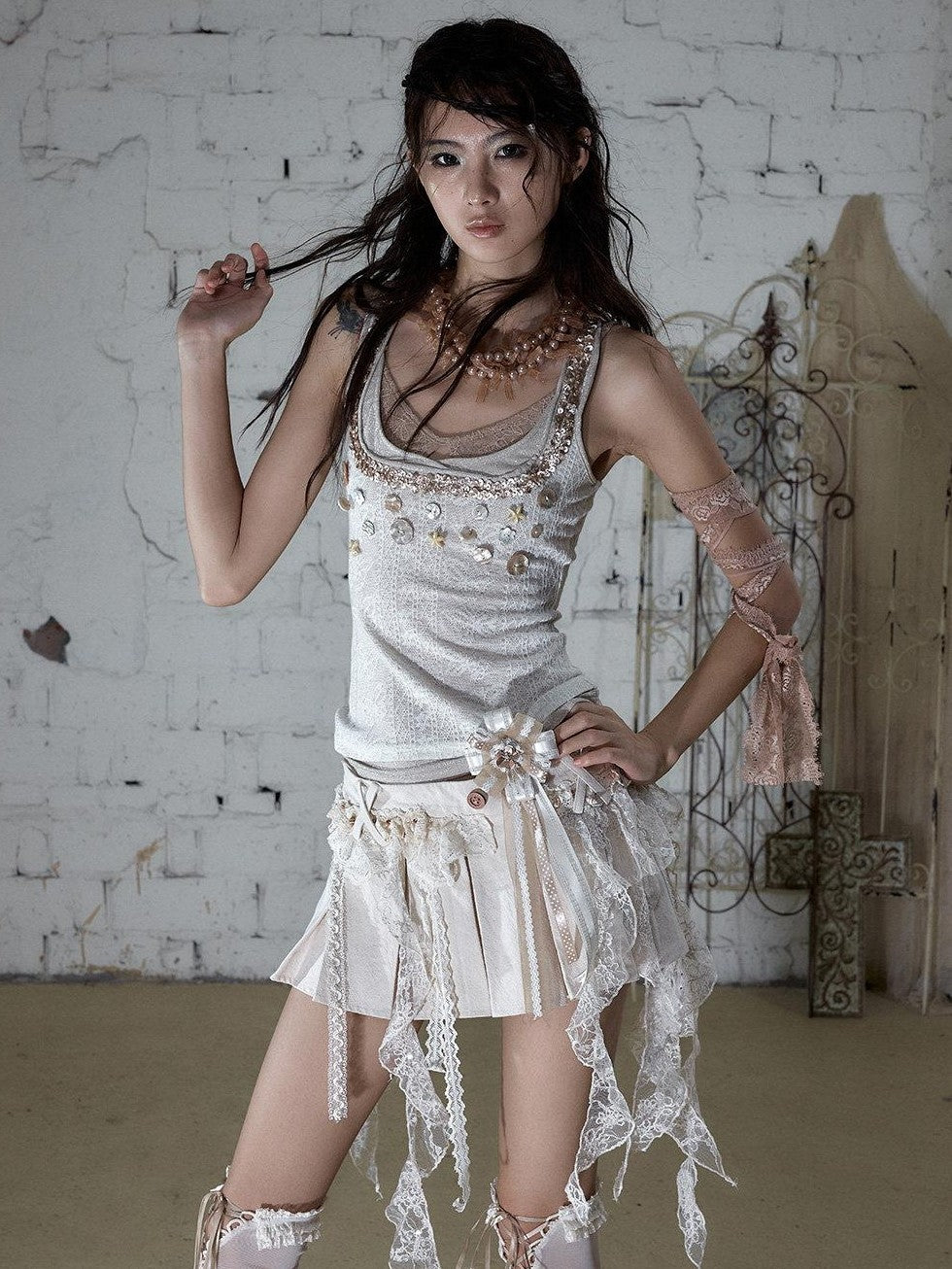 NO ROMANCE Ballet Punk Shell Button Faux Three Piece Slim Women'S Lace Knit Tank Tops