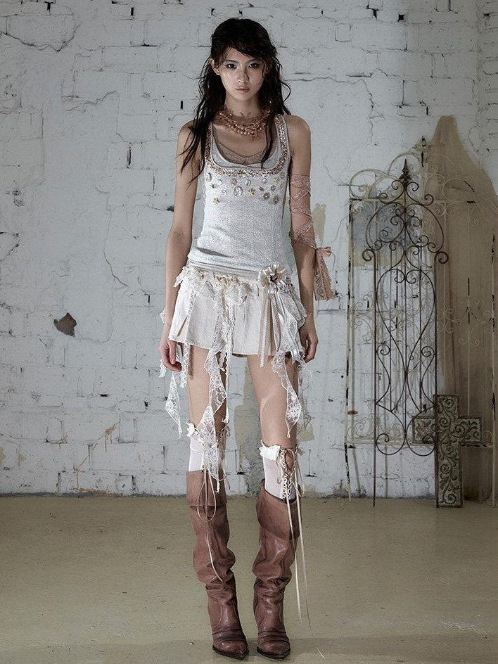 NO ROMANCE Ballet Punk Shell Button Faux Three Piece Slim Women'S Lace Knit Tank Tops