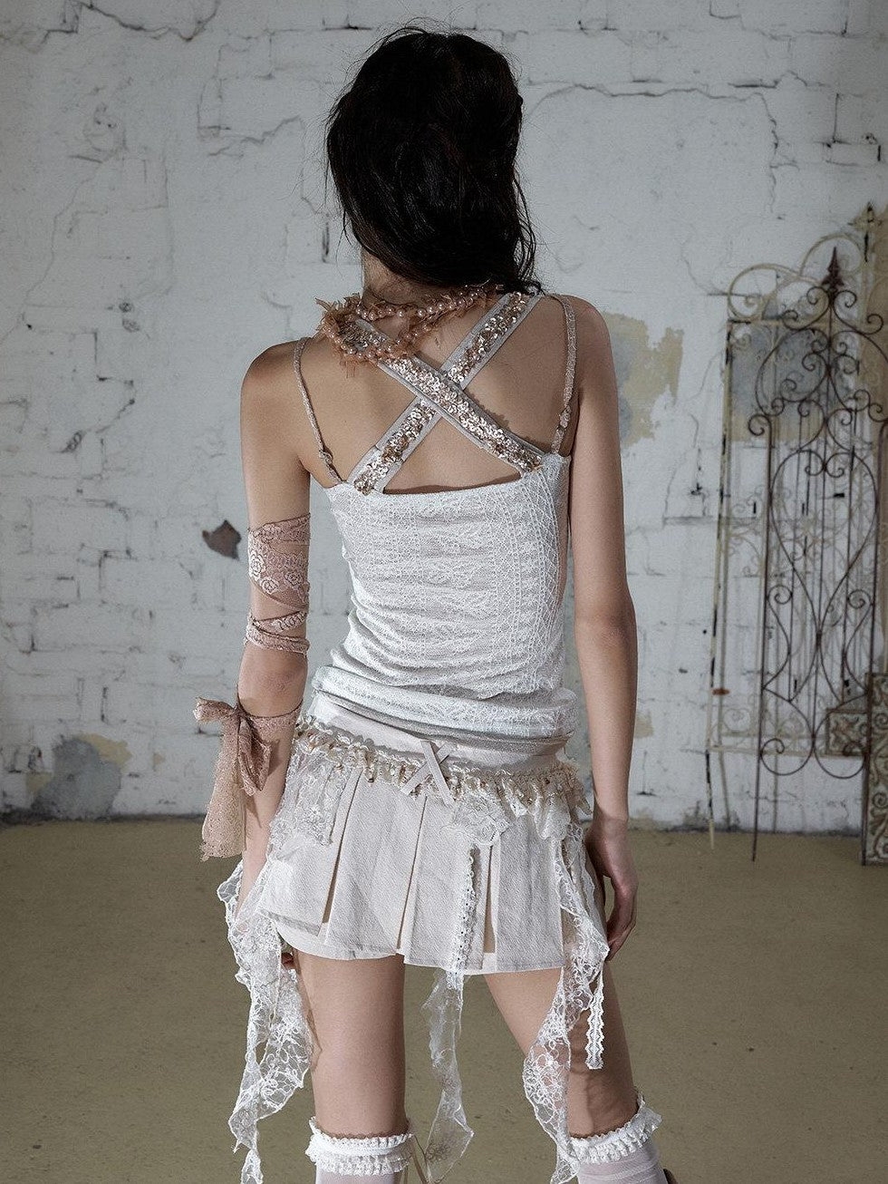 NO ROMANCE Ballet Punk Shell Button Faux Three Piece Slim Women'S Lace Knit Tank Tops