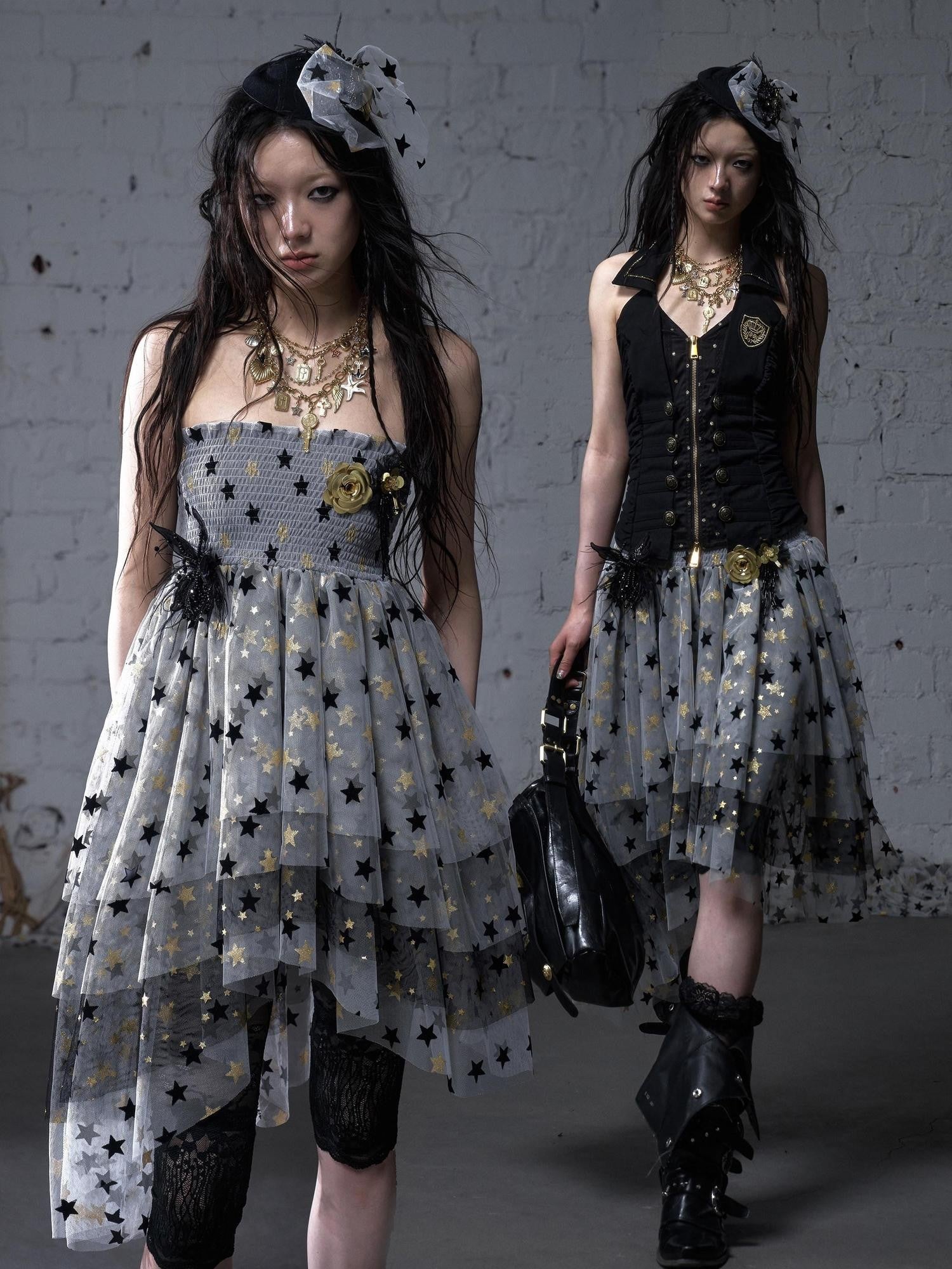 NO ROMANCE Ballet Star Irregular Tiered Tulle Lace Women'S Polyester Strapless Midi Dresses