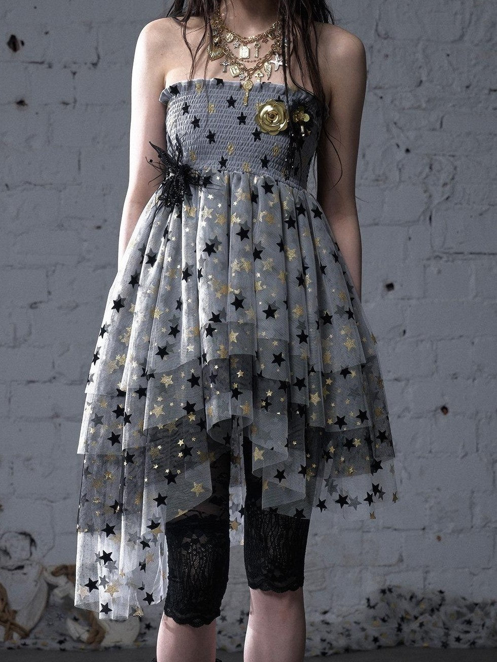 NO ROMANCE Ballet Star Irregular Tiered Tulle Lace Women'S Polyester Strapless Midi Dresses