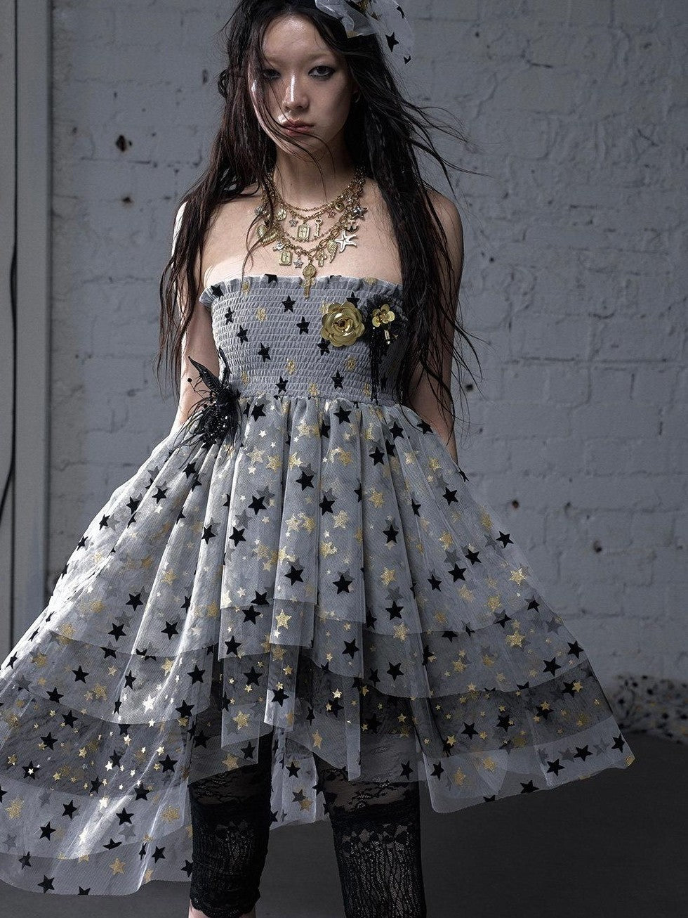 NO ROMANCE Ballet Star Irregular Tiered Tulle Lace Women'S Polyester Strapless Midi Dresses