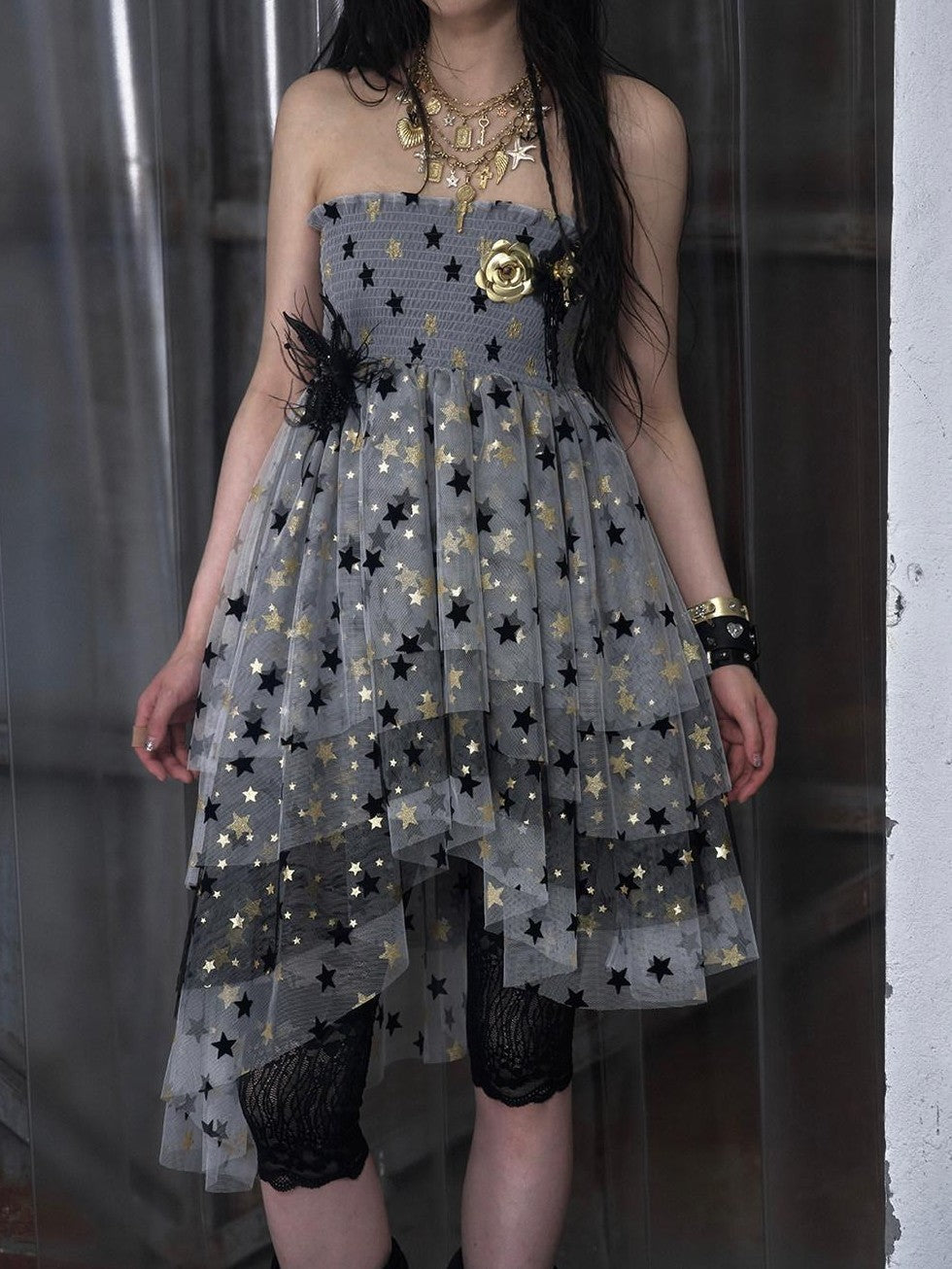 NO ROMANCE Ballet Star Irregular Tiered Tulle Lace Women'S Polyester Strapless Midi Dresses