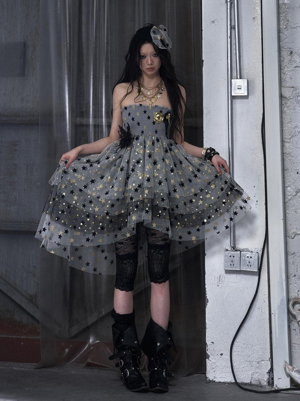 NO ROMANCE Ballet Star Irregular Tiered Tulle Lace Women'S Polyester Strapless Midi Dresses
