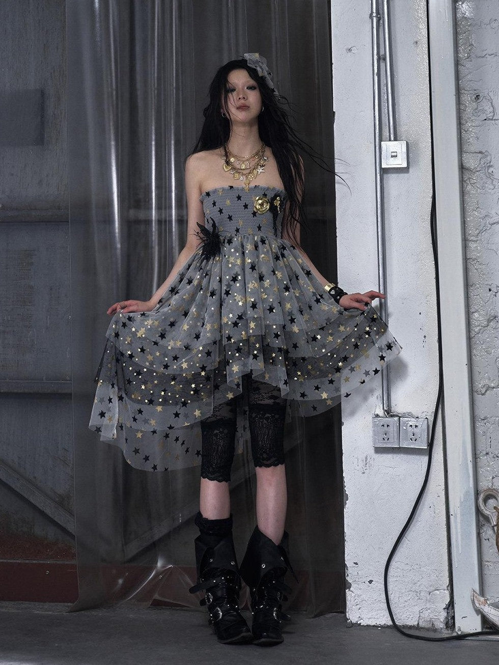 NO ROMANCE Ballet Star Irregular Tiered Tulle Lace Women'S Polyester Strapless Midi Dresses