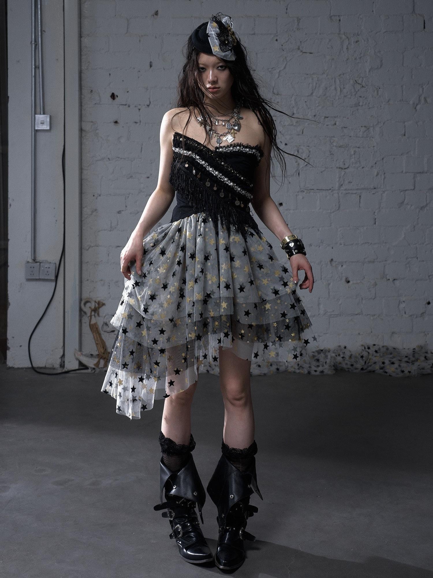 NO ROMANCE Ballet Star Irregular Tiered Tulle Lace Women'S Polyester Strapless Midi Dresses