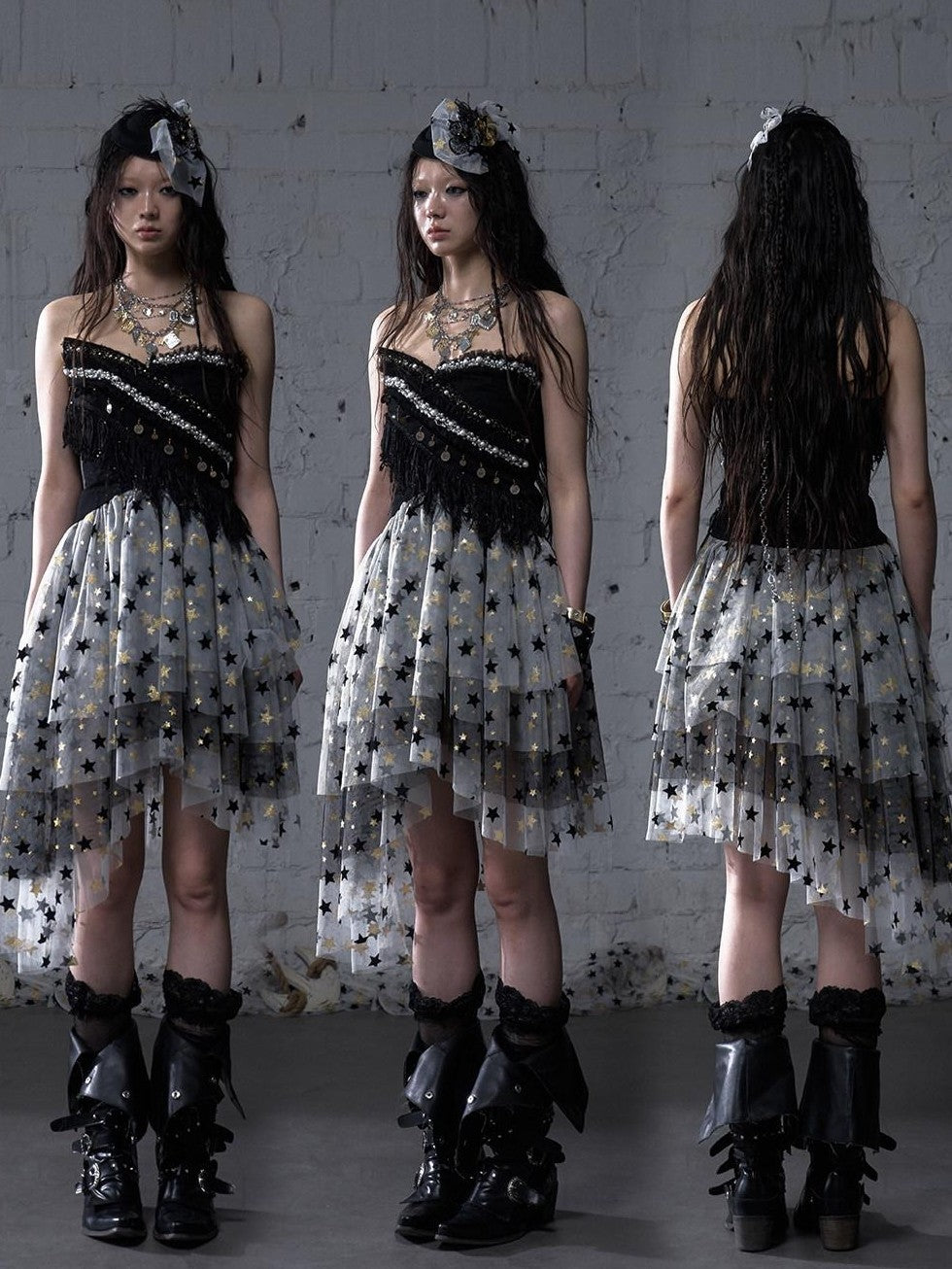 NO ROMANCE Ballet Star Irregular Tiered Tulle Lace Women'S Polyester Strapless Midi Dresses