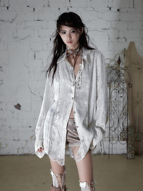 NO ROMANCE Baroque Chain Patchwork Loose Long Sleeve Turndown Collar Women'S Satin Blouses