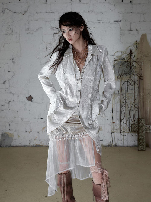 NO ROMANCE Baroque Chain Patchwork Loose Long Sleeve Turndown Collar Women'S Satin Blouses
