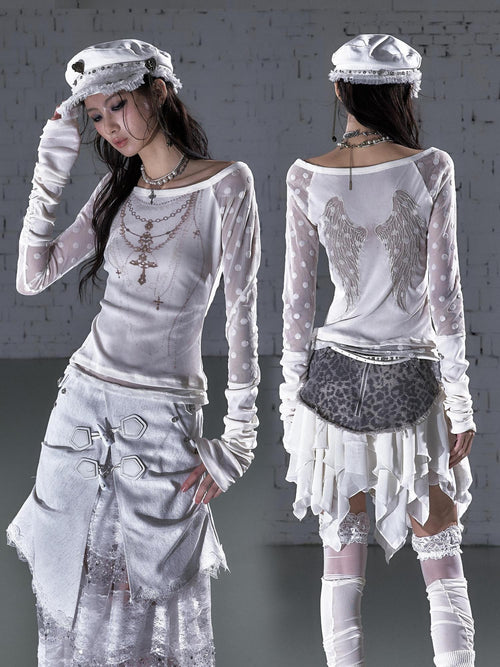 NO ROMANCE Baroque Flocked Wing Embroidered Polka Slim Women'S Long Sleeve T-Shirts